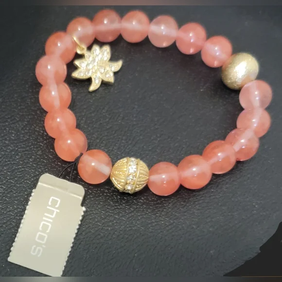 Gold and Pink Beaded Bracelet with Lotus Charm - Picture 3 of 4